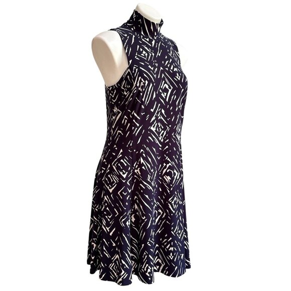 Lauren Ralph Lauren Geometric Print High-Neck A-Line Dress, Navy/White Size 10 - Picture 3 of 10